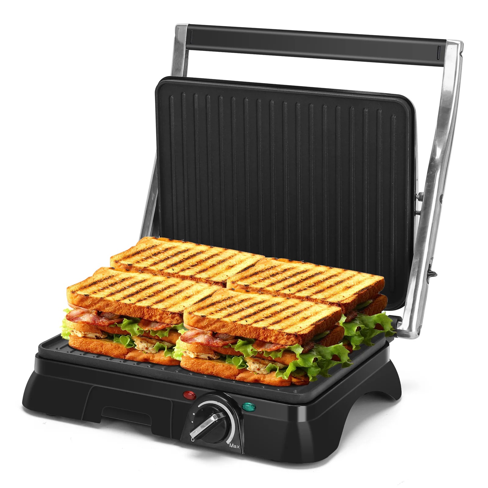 Sandwich Press Grill - サンドイッチラとパニーニ電気グリル グリル (温度調節器、オイルピックトレイ、180 ° オープニング、ノンスティックプレート、2000W)