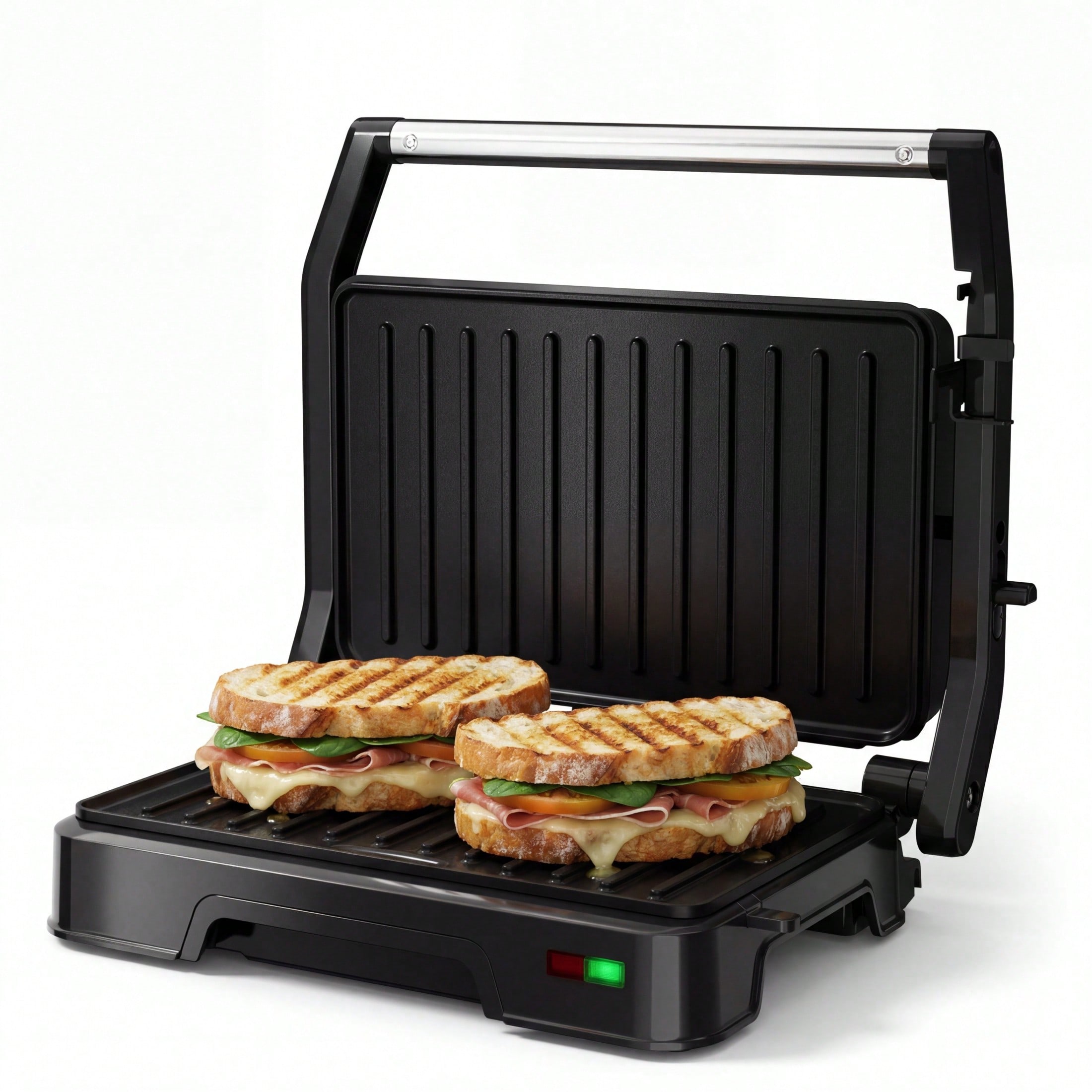 Sandwich Press Grill - 2スライスパニーニグリルプレス、850W 304ステンレススチール製サンドイッチメーカー、180度回転機能付き ° 開口部付き＆ノンスティックプレート