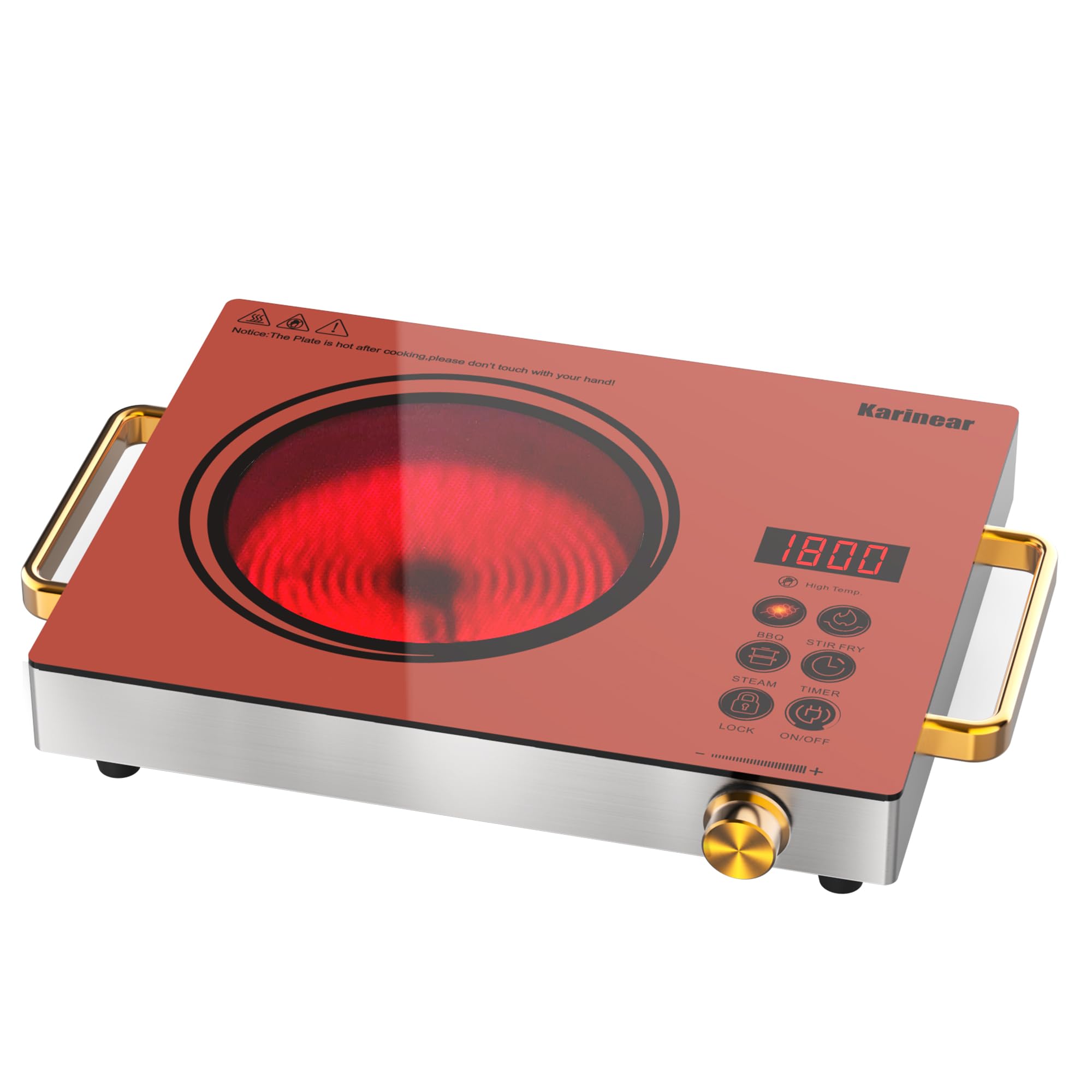 Kitchen Appliances Electric Stove - Karinear ポータブル電気ストーブ 110V、1800W ハンドル付き電気ホットプレート、ノブ制御シングルバーナー電気調理器、セラミック赤外線カウンタートップバーナー、タイマー、安全ロック（ピンク）